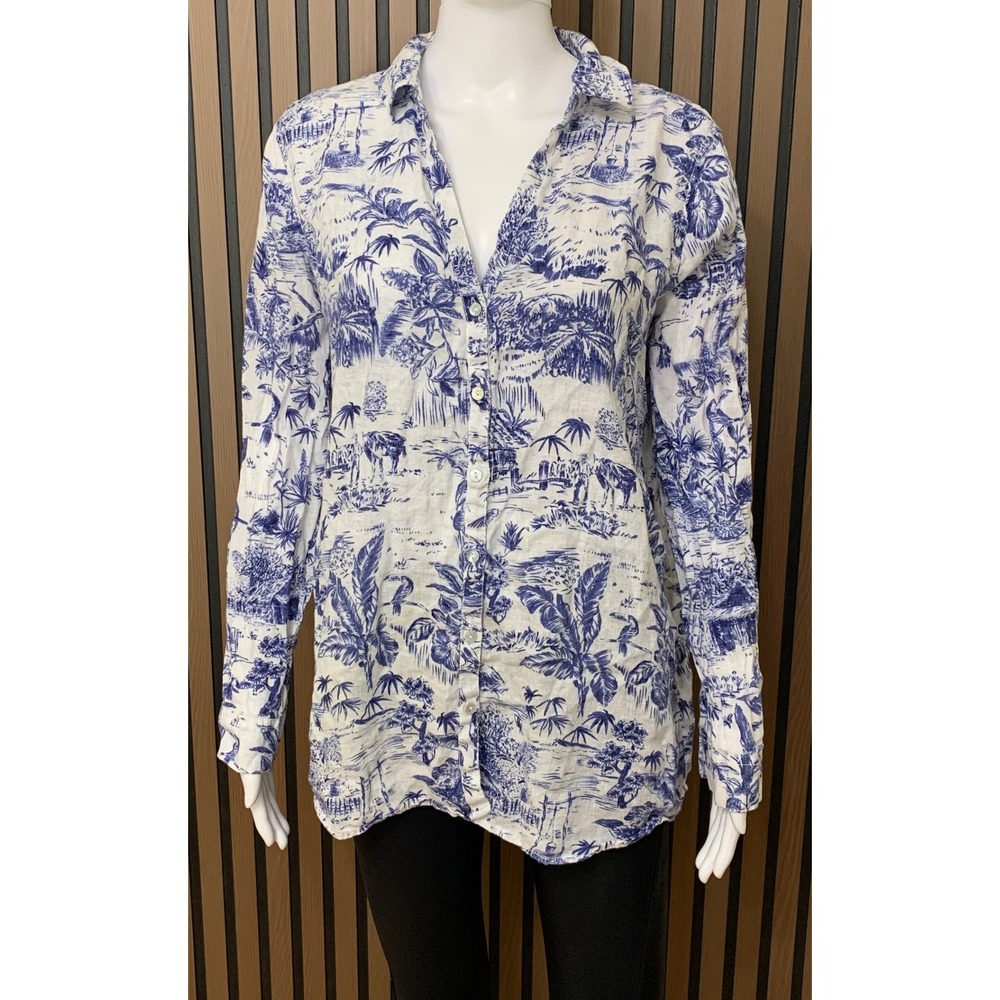 Joie Blue White Tropical 100% Linen Button Down Shirt Long Sleeve Size L